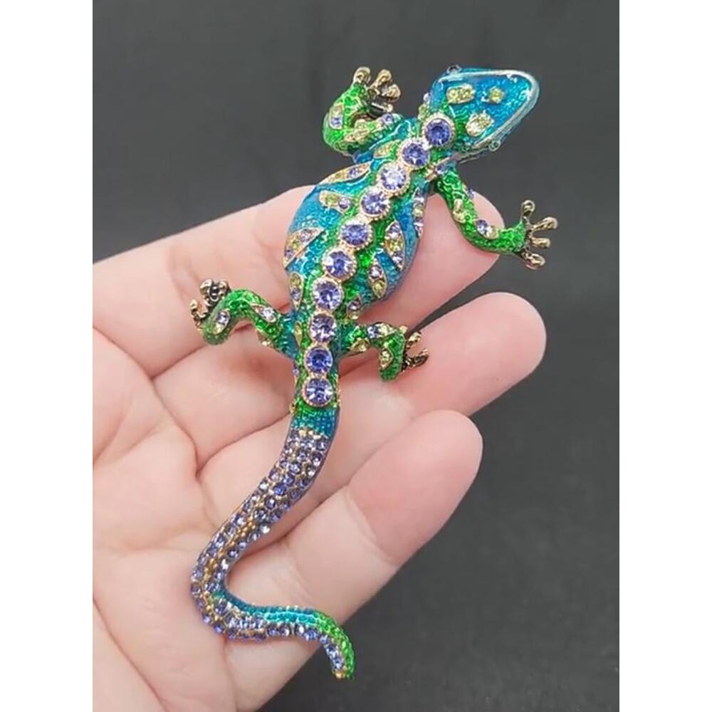 Gecko Brooch Blue Green Enamel & Rhinestones Larger Size Animal Lizard